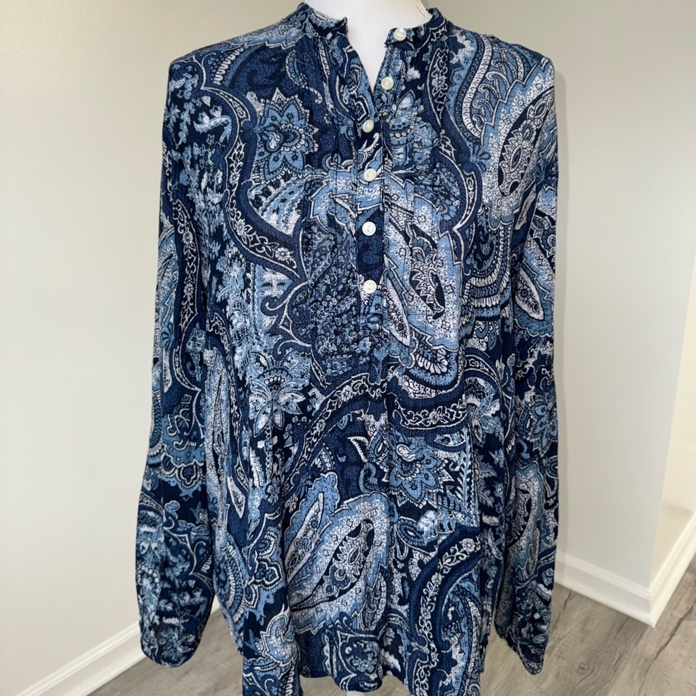 Lauren Ralph‎ Lauren LRL Paisley Blouse Navy Blue Button Front Top Women’s Small